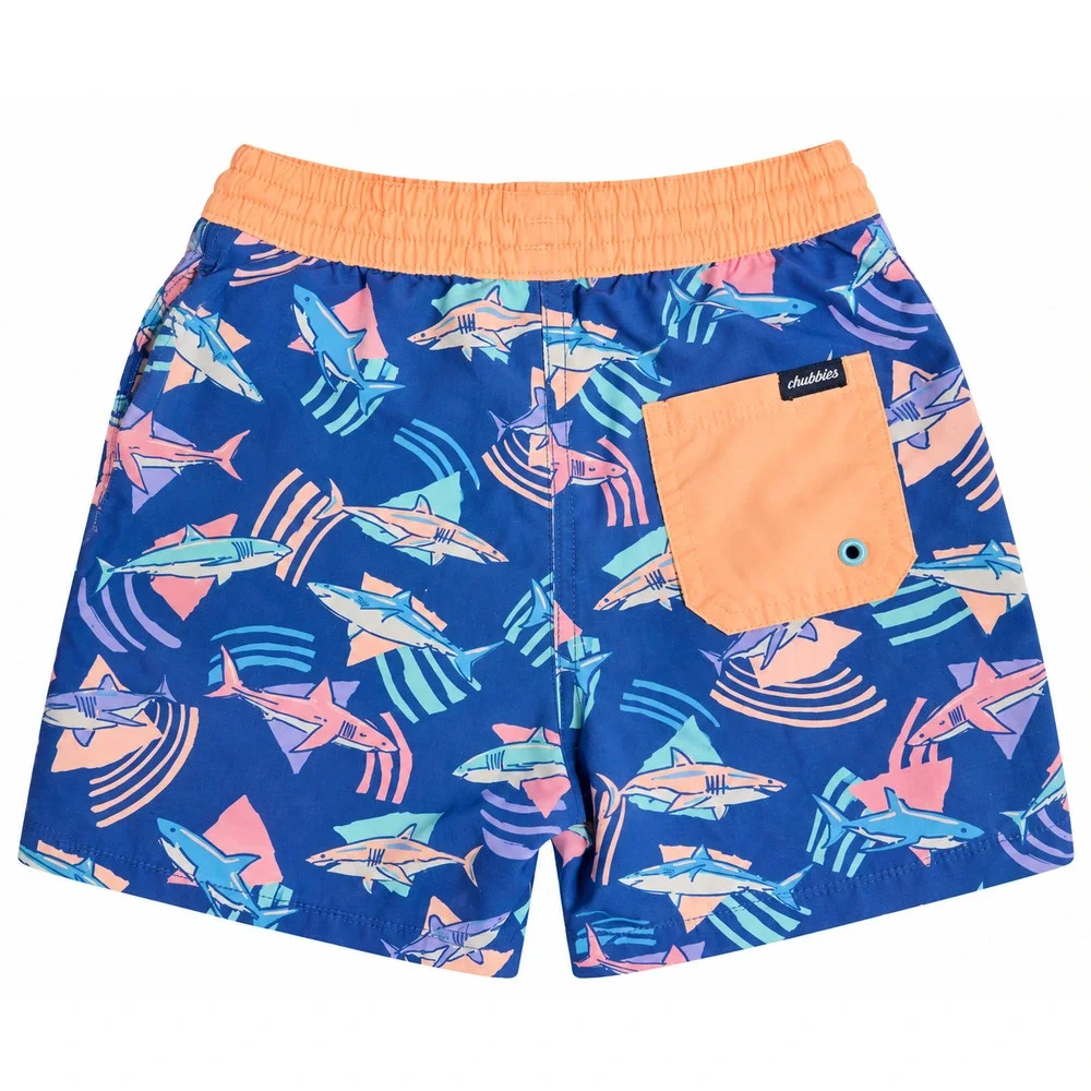 Chubbies Boys Size 5 Shark Print Swim Trunks Blue Orange Lined Board Shorts